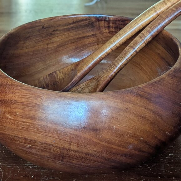 MCM Blair Hawaii Koa Wood Serving Bowl 2 Spoons Signed Midcentury Vintage Acacia - Picture 12 of 12